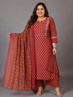 Extra love by Libas - Rust Floral Cotton Kurta with Palazzo and Dupatta
