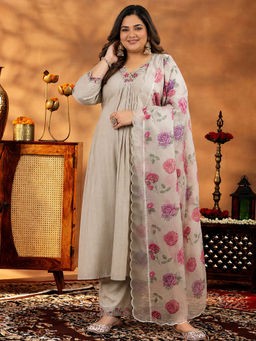 Extra love by Libas - Beige Floral Silk Blend Kurta with Pant and Dupatta