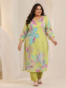 Extra love by Libas - Green Floral Cotton Blend Kurta with Pant and Dupatta