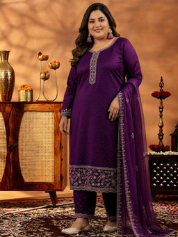 Extra love by Libas - Purple Embroidered Silk Blend Kurta with Palazzo and Dupatta