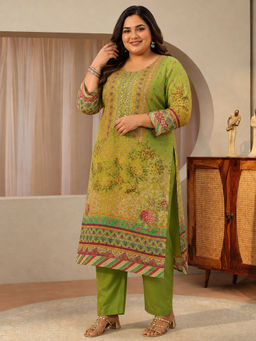Extra love by Libas - Green Floral Chinon Kurta with Pant and Dupatta