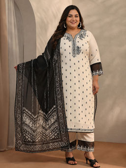 Extra love by Libas - Off White Floral Cotton Blend Kurta with Pant and Dupatta