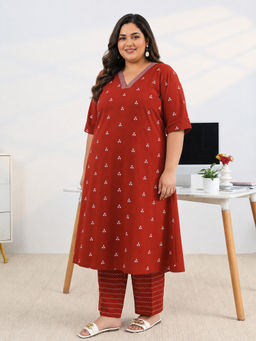Extra love by Libas - Red Woven Cotton Kurta and Palazzo