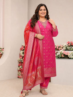 Extra love by Libas - Pink Floral Silk Blend Kurta with Pant and Dupatta