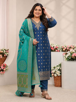 Extra love by Libas - Blue Floral Silk Blend Kurta with Pant and Dupatta