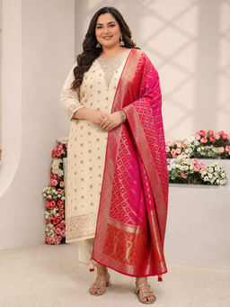 Extra love by Libas - Cream Woven Silk Blend Kurta with Pant and Dupatta