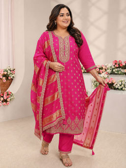 Extra love by Libas - Pink Woven Silk Blend Kurta with Pant and Dupatta