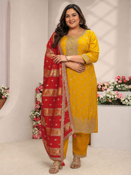 Extra love by Libas - Mustard Woven Silk Blend Kurta with Pant and Dupatta