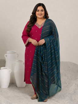 Extra love by Libas - Pink Embroidered Silk Blend Kurta with Pant and Dupatta