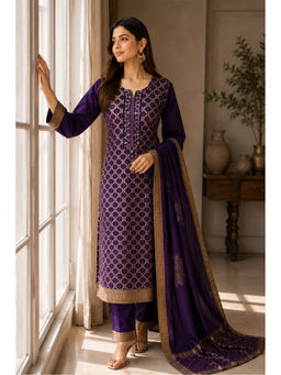 MEENA BAZAAR Since 1970 - Purple Embroidered Georgette Kurta with Pant and Dupatta