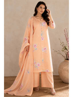 MEENA BAZAAR Since 1970 - Peach Floral Cotton Blend Kurta with Palazzo and Dupatta