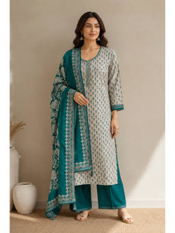 MEENA BAZAAR Since 1970 - Grey Floral Poly Silk Kurta with Palazzo and Dupatta