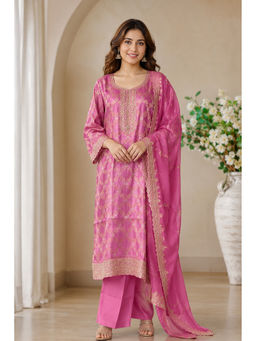 MEENA BAZAAR Since 1970 - Pink Embroidered Silk Kurta with Palazzo and Dupatta