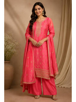 MEENA BAZAAR Since 1970 - Peach Embroidered Silk Kurta with Palazzo and Dupatta