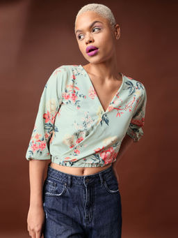 PURVAJA - Printed Light Green Overlap Top