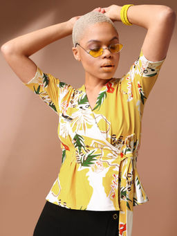 PURVAJA - Printed Yellow Wrap Top