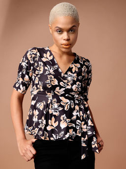 PURVAJA - Printed Black Wrap Top
