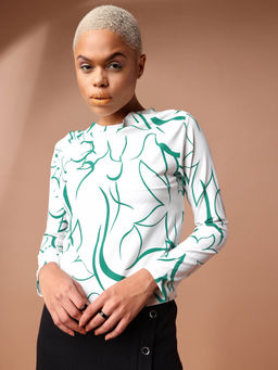PURVAJA - Printed White & Green Regular Top