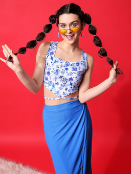 PURVAJA - Printed White & Blue Tie-Up Top