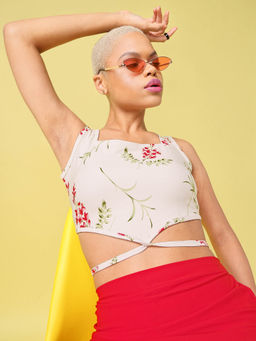 PURVAJA - Printed Off White Tie-Up Top