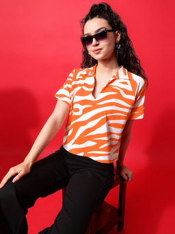 PURVAJA - Printed White & Orange Over-Sized Top
