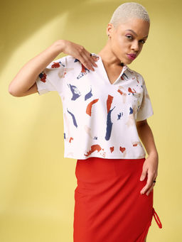 PURVAJA - Printed Off White Over-Sized Top