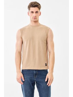 Snitch - Beige Textured Sleeveless Slim Casual T-Shirt for Men