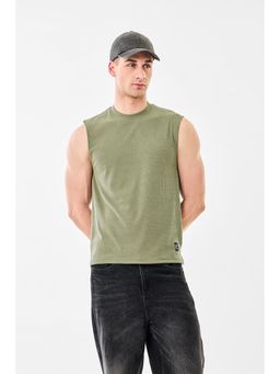 Snitch - Olive Green Textured Sleeveless Slim Casual T-Shirt for Men