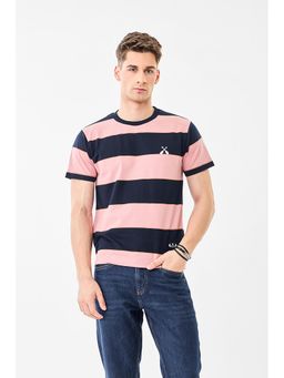 Snitch - Navy Blue Stripes Half Sleeves Regular Casual T-shirt for Men