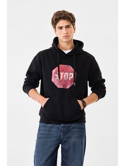 Snitch - Black Printed Full Sleeves Oversized Casual Hoodie for Men