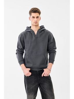 Snitch - Dark Grey Textured Full Sleeves Oversized Casual Hoodie for Men