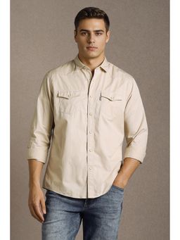 Louis Philippe - Men Beige Textured Full Sleeves Formal Shacket