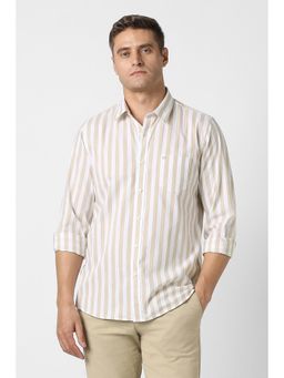 Peter England - Men Beige Slim Fit Stripe Full Sleeves Casual Shirt