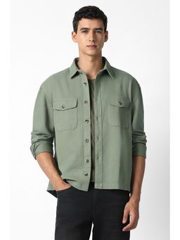 Van Heusen - Men Olive Solid Full Sleeves Casual Shacket