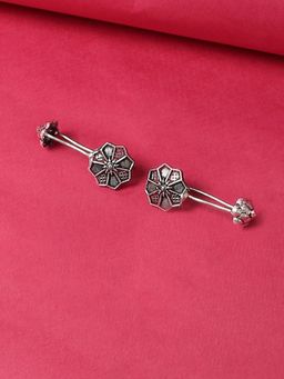 OOMPH - Pair of Oxidised Silver Floral Ethnic Ear Cuff Earrings