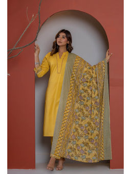 Do Dhaage - Solid Mustard Cotton Kurta Pants with Block Print Dupatta (Set of 3)
