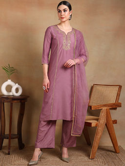 Vaamsi - Women Mauve Silk Blend Embroidered Straight Kurta Palazzo with Dupatta (Set of 3)