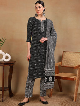 Vaamsi - Women Black Rayon Blend Geometric Printed Straight Kurta Pants with Dupatta (Set of 3)