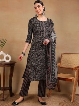 Vaamsi - Black Viscose Rayon Floral Embroidered Straight Kurta Pants with Dupatta (Set of 3)