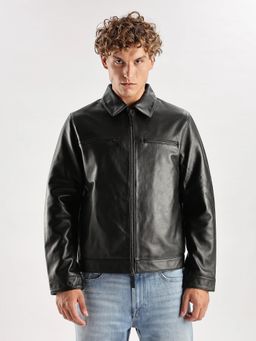 Calvin Klein - Men Black Solid Regular Fit Leather Jacket