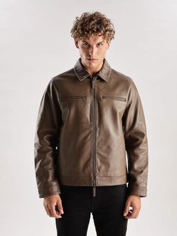 Calvin Klein - Men Brown Solid Regular Fit Leather Jacket