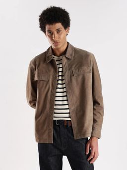 Calvin Klein - Men Brown Solid Regular Fit Suede Leather Jacket