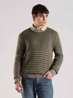 Calvin Klein - Men Beige Textured Relaxed Fit Wool Sweater