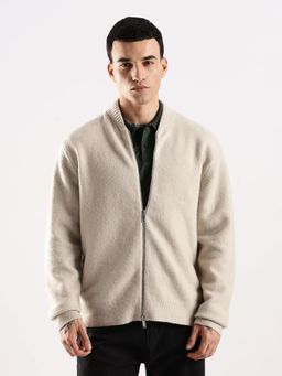 Calvin Klein - Men Beige Solid Relaxed Fit Wool Zipper Sweater