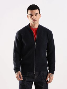 Calvin Klein - Men Navy Blue Solid Relaxed Fit Wool Zipper Sweater