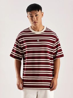 Calvin Klein - Men Maroon Stripes Relaxed Fit Cotton T-shirt