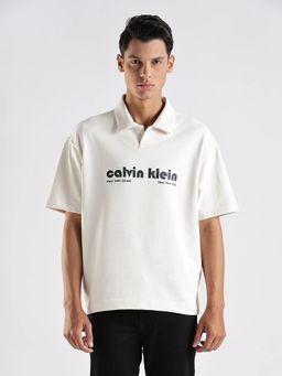 Calvin Klein - Men White Text Logo Oversized Fit Cotton Polo T-shirt