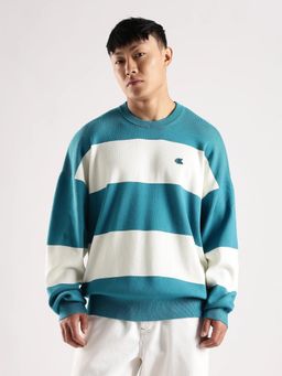 Calvin Klein - Men Blue-White Stripes Relaxed Fit Viscose Sweater