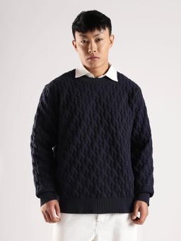 Calvin Klein - Men Navy Blue Textured Oversized Fit Cotton Sweater