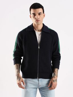 Calvin Klein - Men Navy Blue Stripes Relaxed Fit Cotton Zipper Sweater